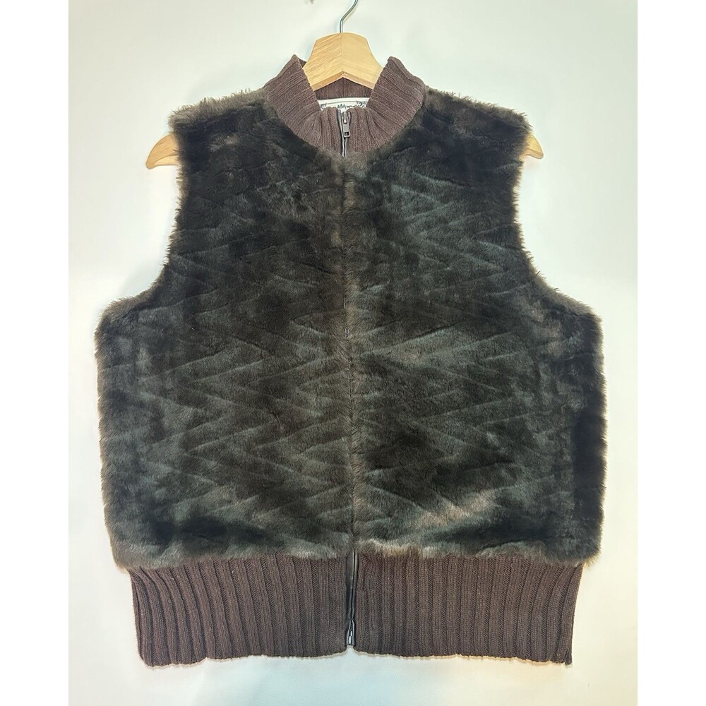 VTG Y2K Tiara Faux Fur Sweater Chocolate Brown Full Zip Vest Women's LARGE‎